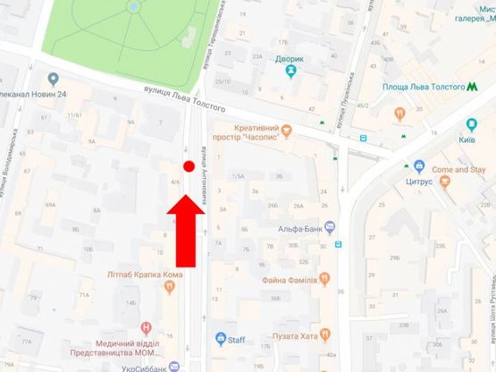 Схема рекламной плоскости по адресу Антоновича ул. (бывш. Горького ул.), 4/6, в сторону парка Шевченко