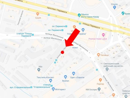 Схема рекламної площини за адресою Пестеля ул., 5 / ул. Жилянская, к пл. Старовокзальная, пригородному ЖД вокзалу