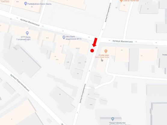 Схема рекламной плоскости по адресу Владимирская ул., 92/39 / ул. Жилянская, напротив ресторана "Sam's Steak House", в сторону ул. Короленковской