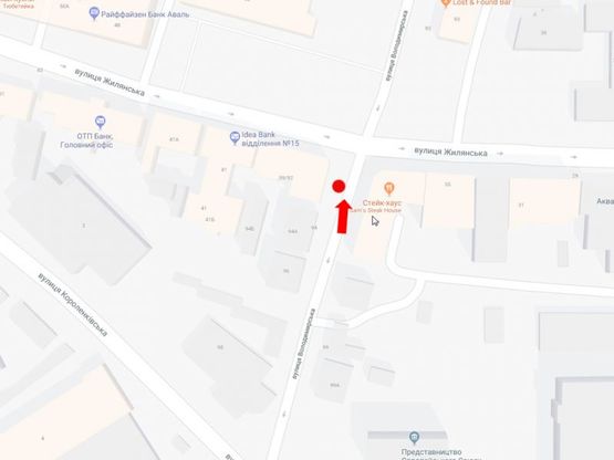 Схема рекламной плоскости по адресу Владимирская ул., 92/39 / ул. Жилянская, напротив ресторана "Sam's Steak House", в сторону ул. Саксаганского