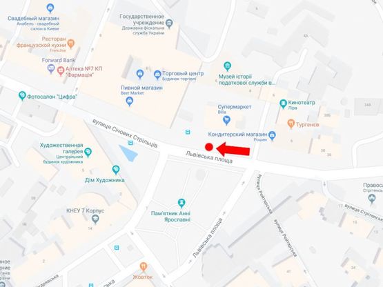 Схема рекламной плоскости по адресу Сечевых стрельцов ул., 8Б / Львовская пл., возле супермаркета "Billa", из центра