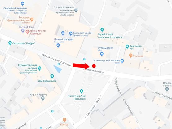 Схема рекламної площини за адресою Сечевых стрельцов ул., 8Б / Львовская пл., возле супермаркета "Billa", в центр