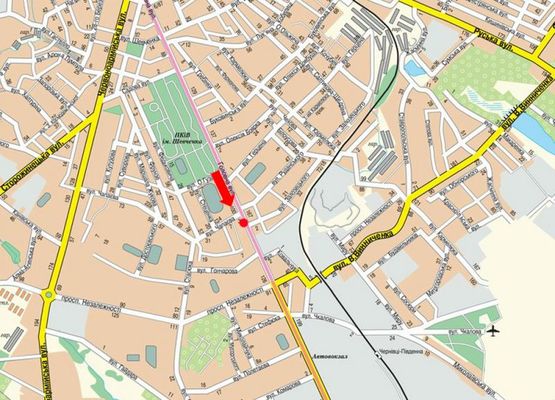 Схема рекламной плоскости по адресу Главная ул., 104 / Щербанюка ул. (бывш. Чапаева ул.), из центра