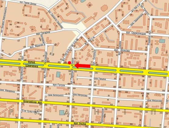 Схема рекламної площини за адресою Шевченко бул. / Криваливская ул. (бывш. Парижской Коммуны ул.), возле супермаркета "АТБ"