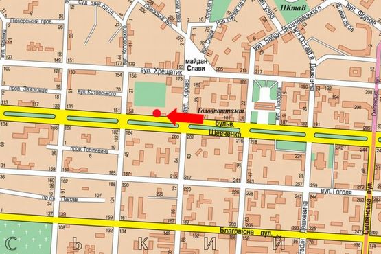 Схема рекламной плоскости по адресу Шевченко бул., возле Детского парка, остановки, из центра