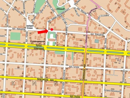 Схема рекламной плоскости по адресу Крещатик ул., возле музея им. Шевченко, в сторону ТРЦ "Крещатик-сити"