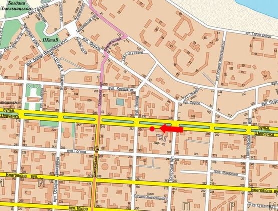 Схема рекламной плоскости по адресу Шевченко бул., 270, напротив Приватбанка, лаборатории "Синево", в центр