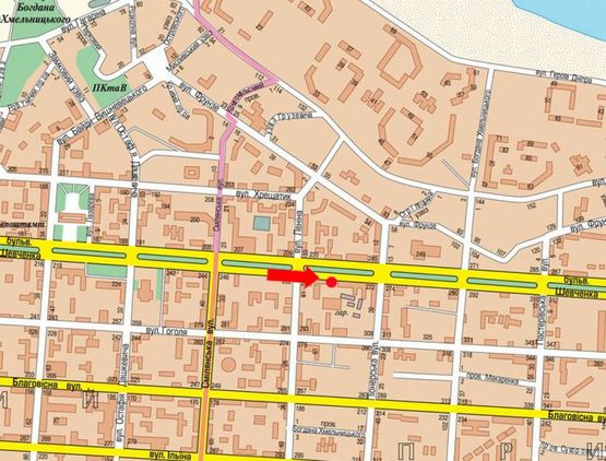 Схема рекламной плоскости по адресу Шевченко бул., 270, напротив Приватбанка, лаборатории "Синево", из центра