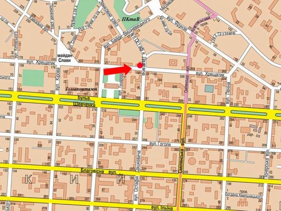 Схема рекламной плоскости по адресу Крещатик ул. / Дашкевича ул., возле Укрсоцбанка, в сторону ТРЦ "Крещатик-сити"