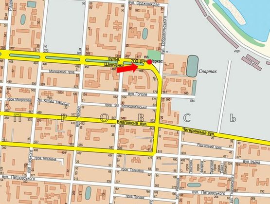 Схема рекламной плоскости по адресу Шевченко бул. / 700-летия Черкасс пл., возле ресторана "Папа Карло", из центра