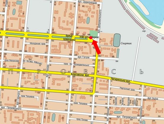 Схема рекламної площини за адресою Шевченка бул. / 700-летия Черкасс пл., возле ресторана "Папа Карло", в центр