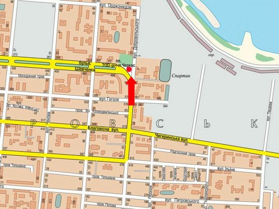 Схема рекламной плоскости по адресу Шевченко бул. / 700-летия Черкасс пл., возле супермаркета "Сильпо", в центр