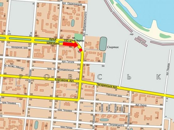 Схема рекламной плоскости по адресу Шевченко бул. / Добровольского ул., напротив 700-летия Черкасс пл., супермаркета "Сильпо", из центра
