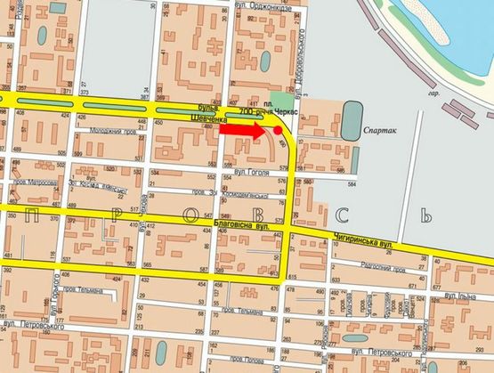 Схема рекламної площини за адресою Шевченко бул., 472, напротив 700-летия Черкасс пл., из центра