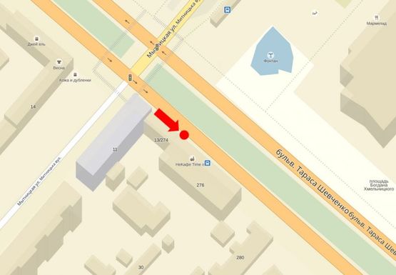 Схема рекламной плоскости по адресу Шевченко бул., 276, напротив ДК "Дружбы Народов", из центра