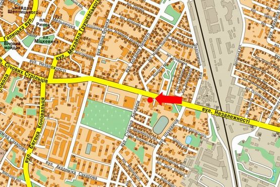 Схема рекламної площини за адресою Независимости ул. / Бандеры ул., 1, возле Педагогического института, "Укрсоцбанка"