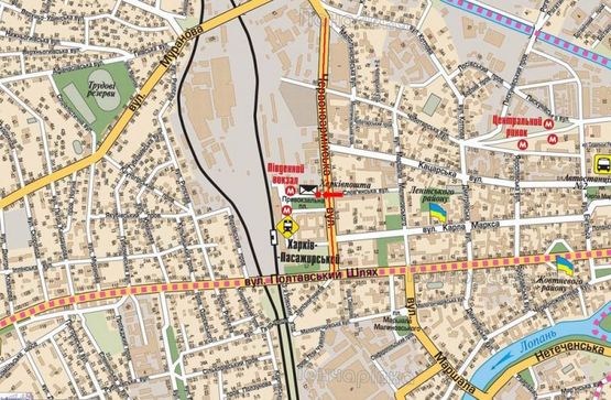 Схема рекламной плоскости по адресу Привокзальная пл., ближний к Котляра ул. (бывш. Красноармейская ул.), кафе "FreshLife"