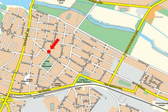 Схема рекламной плоскости по адресу Проскуровская ул. / ул. Грушевского, возле парка им. Т. Шевченко, кинотеатр им. Шевченко