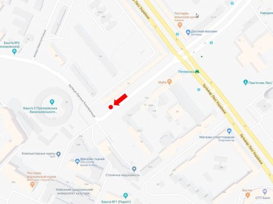 Схема рекламної площини за адресою Алмазова ул. (бывш. Кутузова ул.), 14 / ул. Коновальца (бывш. Щорса ул), в сторону ул. Б. Васильковская