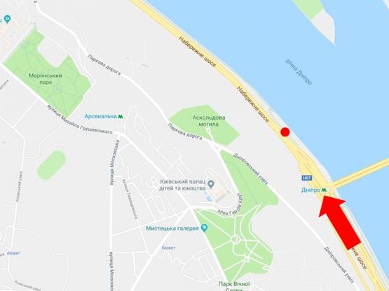 Схема рекламної площини за адресою Набережное шоссе ул., 300 м. от ст.м. "Днепр", в сторону Подола