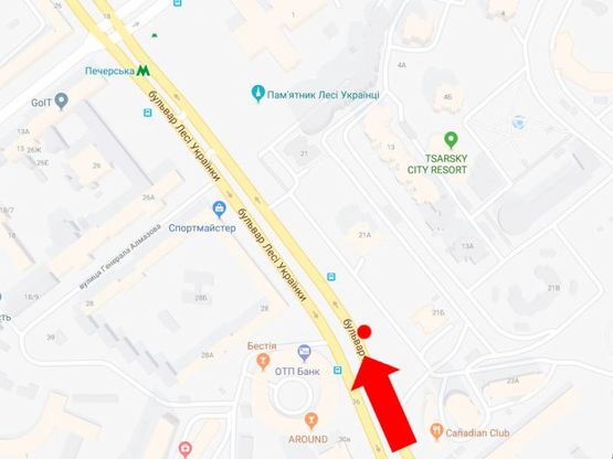 Схема рекламной плоскости по адресу Украинки бул., 21Б, в сторону ст. м. "Печерская"