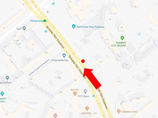 Схема рекламной плоскости по адресу Украинки бул., 21А - 21, в сторону ст. м. "Печерская"
