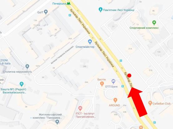 Схема рекламної площини за адресою Украинки бул., 21А - 21Б, в сторону ст. м. "Печерская"