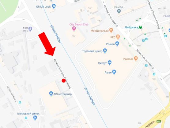 Схема рекламной плоскости по адресу Гринченко ул., 18, возле автосалонов, напротив ТРЦ "Ocean Plaza", в сторону ул. Саперно-Слободской