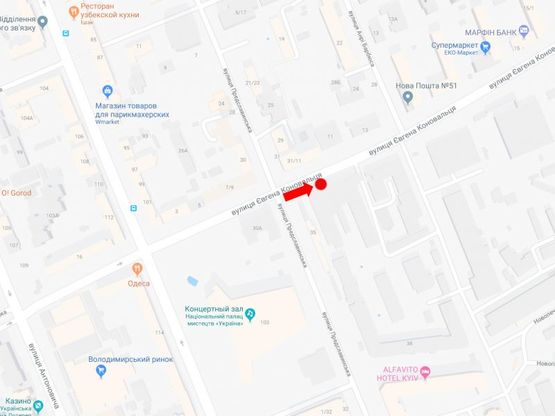 Схема рекламної площини за адресою Коновальца ул. (бывш. Щорса ул.) / Предславинская ул., на светофоре, в сторону Украинки бул.