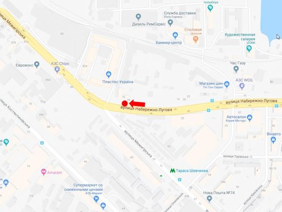 Схема рекламної площини за адресою Набережно-Луговая ул. - ул. Межигорская, из центра