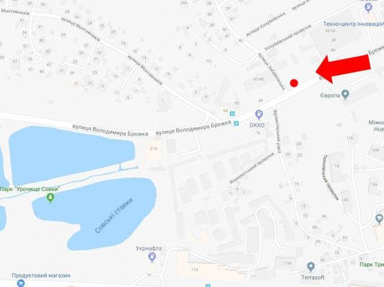 Схема рекламної площини за адресою Брожко ул. (бывш. Кировоградская ул.), 38, напротив заправки "Окко", в сторону пр. Лобановского (бывш. Краснозвездный пр.)