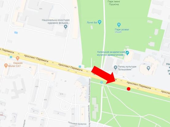 Схема рекламної площини за адресою Победы пр., напротив Медуниверситета им. Богомольца, в сторону ст. м. «Политехнический институт», центра