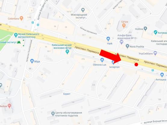 Схема рекламної площини за адресою Победы пр., 21, возле магазинов "Интертоп", "Carlo Pazolini", "Adidas", в центр