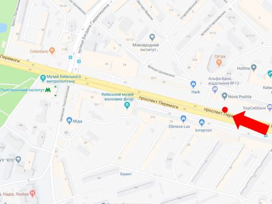 Схема рекламной плоскости по адресу Победы пр., 20, банки "ПУМБ", "Укрсиббанк", напротив магазинов "Интертоп", "Carlo Pazolini", "Adidas", из центра