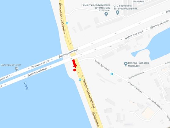 Схема рекламної площини за адресою Днепровская набережная / ул. Причальная, возле жд моста, на светофоре, в сторону ул. Здолбуновской, пр. Бажана