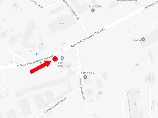 Схема рекламної площини за адресою Брожко ул. (бывш. Кировоградская ул.), 21, возле АЗС "Окко", в сторону ул. Гринченко