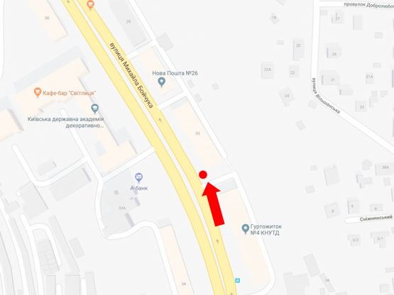 Схема рекламной плоскости по адресу Бойчука ул. (бывш. Киквидзе ул.), 33, в сторону бул. Украинки, центра