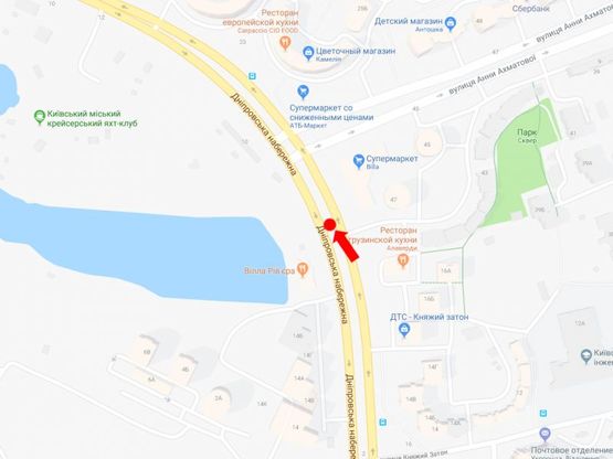 Схема рекламной плоскости по адресу Днепровская набережная ул., 49 - ул. Ахматовой, раделитель, возле ТРЦ "River Mall", светофор, в сторону моста Патона