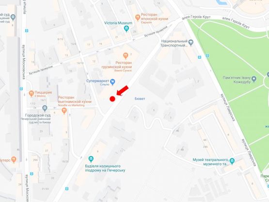 Схема рекламної площини за адресою Омельяновича - Павленко ул. (бывш. Суворова), возле супермаркета "Сильпо", в сторону пл. Л.Украинки