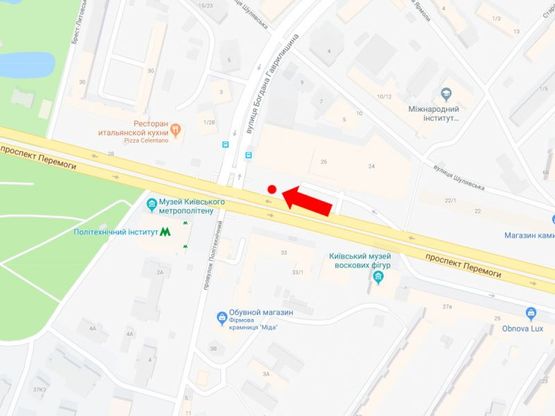 Схема рекламної площини за адресою Победы пр., 26, напротив ст.м. "Политехнический институт", возле ТРЦ "Smart Plaza", супермаркета "Сильпо", из центра