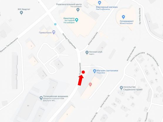 Схема рекламної площини за адресою Кудряшова ул., 3, "Ультрамарин", клуб "Indigo", супермаркет "Велика Кишеня", в сторону Липковского ул. (бывш. ул. Урицкого)