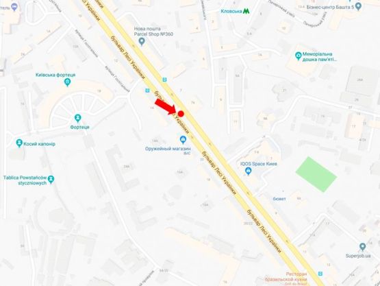 Схема рекламной плоскости по адресу Украинки бул., 7а, на светофоре, в сторону пл. Л. Украинки