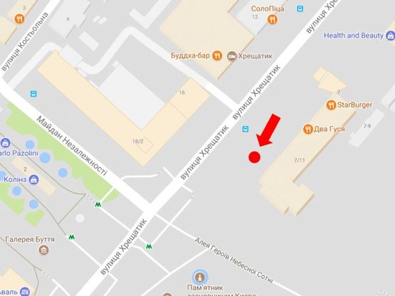 Схема рекламної площини за адресою Крещатик ул., 7/11, возле выхода из ст. м. "Майдан Незалежности"в сторону Независимости пл.