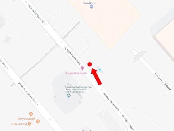 Схема рекламної площини за адресою Кирпы ул., 3, возле входа в Южный жд вокзал, в сторону Воздухофлотского пр.