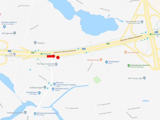 Схема рекламной плоскости по адресу Бажана пр. - ул.Заречная, в сторону ст. м. "Осокорки", из центра