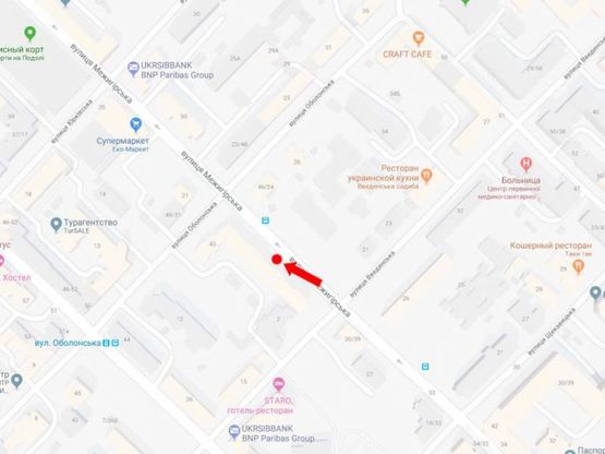 Схема рекламної площини за адресою Межигорская ул, 43 - ул. Оболонская, в сторону ст. м. "Тараса Шевченко"