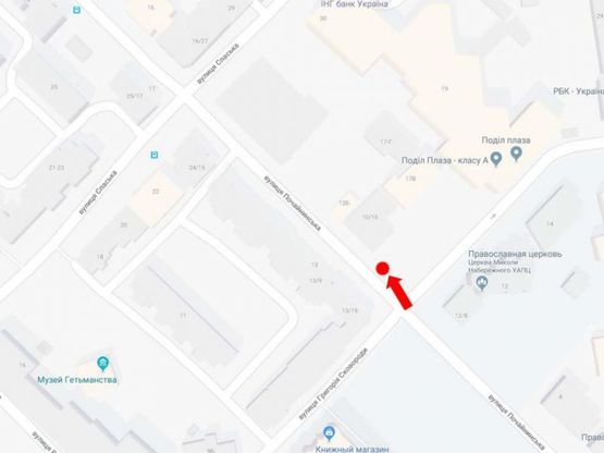 Схема рекламной плоскости по адресу Почайнинская ул. - ул. Сковороды, возле БЦ Podil Plaza, в сторону Нижнего вала