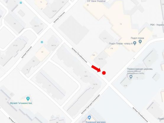 Схема рекламной плоскости по адресу Почайнинская ул. - ул. Сковороды, возле БЦ Podil Plaza, в сторону Набережно-Крещатицкой ул.