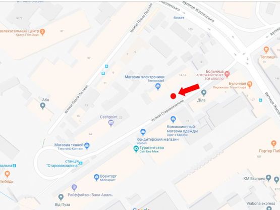 Схема рекламної площини за адресою Старовокзальная ул.,14/16, в сторону ж/д вокзала, супермаркета "Фуршет"