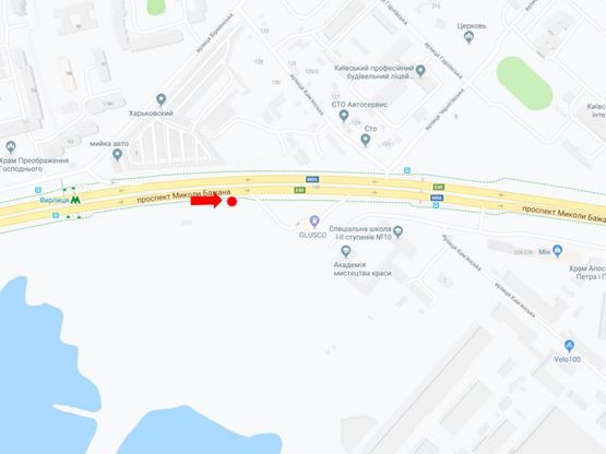 Схема рекламной плоскости по адресу Бажана пр., возле ст.м. "Вырлица", АЗС "Glusco", в сторону Харьковской пл, аэропорта "Борисполь"
